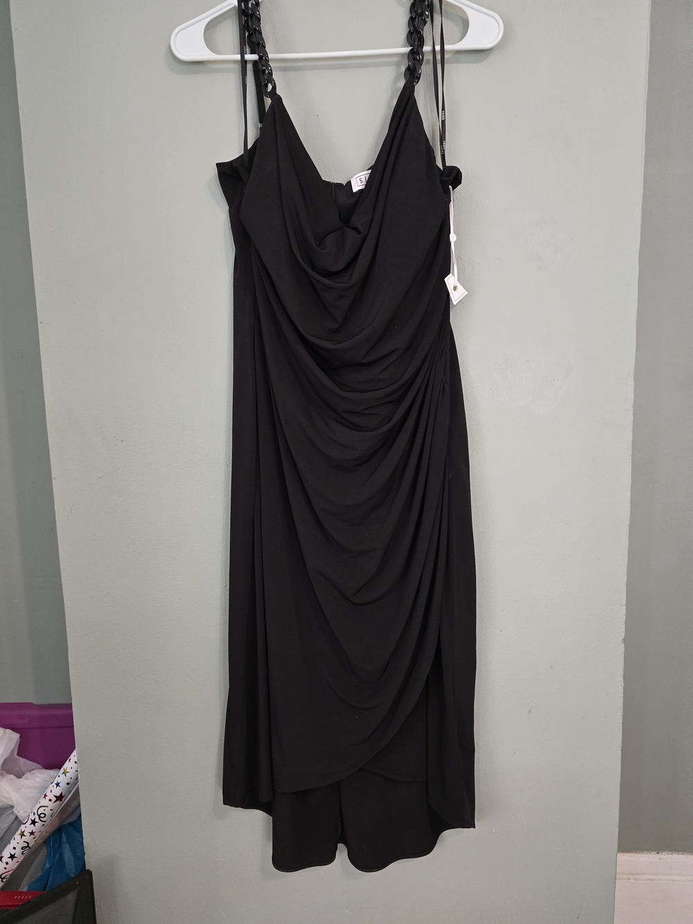 Siena Studio Black Cowl Draped Midi Dress with Chain-Strap Detail